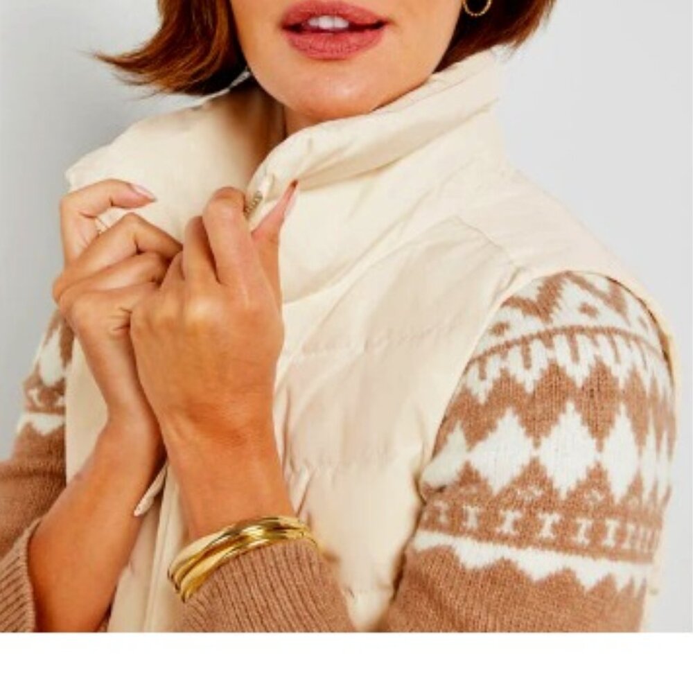 BNWT TALBOTS Faux Fur Collar Down Puffer Vest in ivory earthy camel collar (M) - Picture 3 of 11